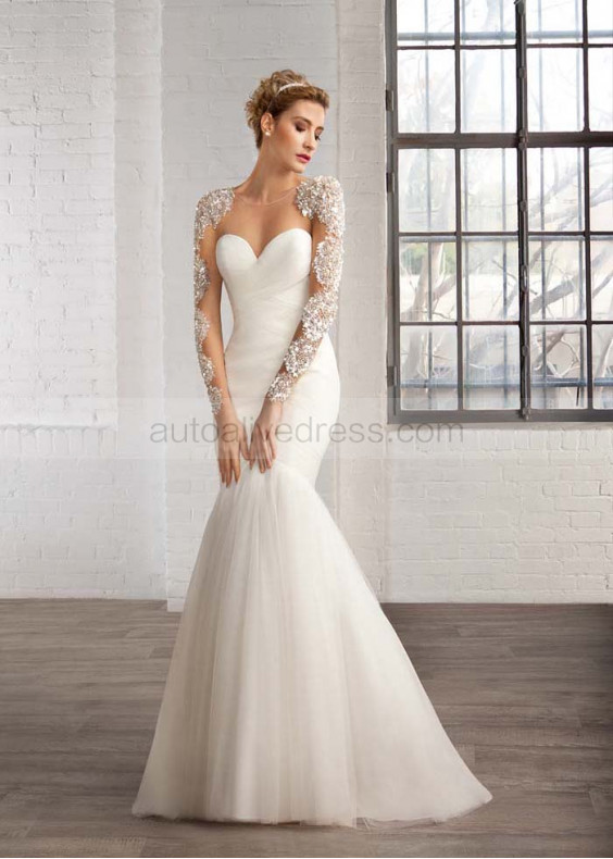 Mermaid Ivory Tulle Beaded Long Sleeves Sheer Back Wedding Dress